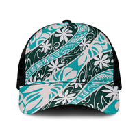 Cyan Tahiti Tiare Monstera Mesh Trucker Cap Polynesian Pattern Curve Style - Polynesian Pride
