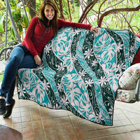 Cyan Tahiti Tiare Monstera Quilt Polynesian Pattern Curve Style - Polynesian Pride