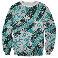 Cyan Tahiti Tiare Monstera Sweatshirt Polynesian Pattern Curve Style - Polynesian Pride
