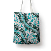 Cyan Tahiti Tiare Monstera Tote Bag Polynesian Pattern Curve Style - Polynesian Pride