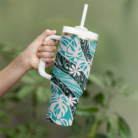Cyan Tahiti Tiare Monstera Tumbler With Handle Polynesian Pattern Curve Style - Polynesian Pride