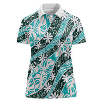 Cyan Tahiti Tiare Monstera Women Polo Shirt Polynesian Pattern Curve Style - Polynesian Pride