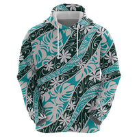 Cyan Tahiti Tiare Monstera Zip Hoodie Polynesian Pattern Curve Style - Polynesian Pride