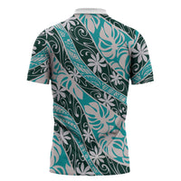 Cyan Tahiti Tiare Monstera Zipper Polo Shirt Polynesian Pattern Curve Style - Polynesian Pride