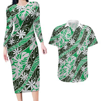 Matie Tahiti Tiare Monstera Couples Matching Long Sleeve Bodycon Dress and Hawaiian Shirt Polynesian Pattern Curve Style - Polynesian Pride