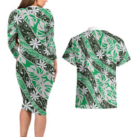 Matie Tahiti Tiare Monstera Couples Matching Long Sleeve Bodycon Dress and Hawaiian Shirt Polynesian Pattern Curve Style - Polynesian Pride