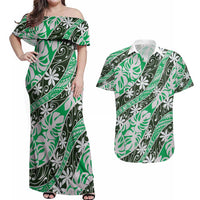 Matie Tahiti Tiare Monstera Couples Matching Off Shoulder Maxi Dress and Hawaiian Shirt Polynesian Pattern Curve Style - Polynesian Pride