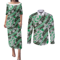 Matie Tahiti Tiare Monstera Couples Matching Puletasi and Long Sleeve Button Shirt Polynesian Pattern Curve Style - Polynesian Pride