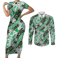 Matie Tahiti Tiare Monstera Couples Matching Short Sleeve Bodycon Dress and Long Sleeve Button Shirt Polynesian Pattern Curve Style - Polynesian Pride