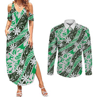 Matie Tahiti Tiare Monstera Couples Matching Summer Maxi Dress and Long Sleeve Button Shirt Polynesian Pattern Curve Style LT01 Green - Polynesian Pride