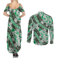 Matie Tahiti Tiare Monstera Couples Matching Summer Maxi Dress and Long Sleeve Button Shirt Polynesian Pattern Curve Style LT01 - Polynesian Pride