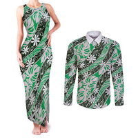 Matie Tahiti Tiare Monstera Couples Matching Tank Maxi Dress and Long Sleeve Button Shirt Polynesian Pattern Curve Style - Polynesian Pride