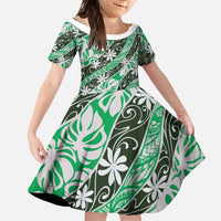 Matie Tahiti Tiare Monstera Family Matching Long Sleeve Bodycon Dress and Hawaiian Shirt Polynesian Pattern Curve Style LT01 Daughter's Dress Green - Polynesian Pride