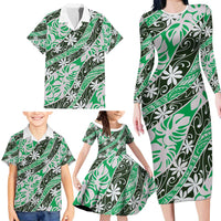 Matie Tahiti Tiare Monstera Family Matching Long Sleeve Bodycon Dress and Hawaiian Shirt Polynesian Pattern Curve Style LT01 - Polynesian Pride