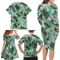 Matie Tahiti Tiare Monstera Family Matching Long Sleeve Bodycon Dress and Hawaiian Shirt Polynesian Pattern Curve Style LT01 - Polynesian Pride