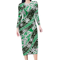 Matie Tahiti Tiare Monstera Family Matching Long Sleeve Bodycon Dress and Hawaiian Shirt Polynesian Pattern Curve Style LT01 Mom's Dress Green - Polynesian Pride
