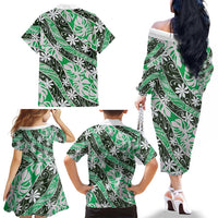 Matie Tahiti Tiare Monstera Family Matching Off The Shoulder Long Sleeve Dress and Hawaiian Shirt Polynesian Pattern Curve Style - Polynesian Pride