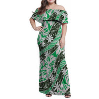 Matie Tahiti Tiare Monstera Family Matching Off Shoulder Maxi Dress and Hawaiian Shirt Polynesian Pattern Curve Style - Polynesian Pride