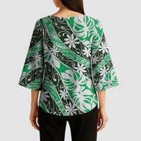 Matie Tahiti Tiare Monstera Kimono Sleeve Blouse Polynesian Pattern Curve Style - Polynesian Pride