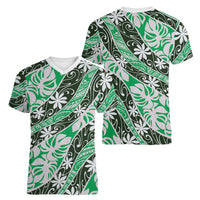 Matie Tahiti Tiare Monstera Women V-Neck T-Shirt Polynesian Pattern Curve Style - Polynesian Pride