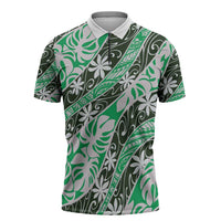 Matie Tahiti Tiare Monstera Zipper Polo Shirt Polynesian Pattern Curve Style LT01 Green - Polynesian Pride