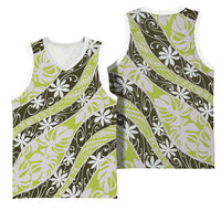 Olive Tahiti Tiare Monstera Basketball Jersey Polynesian Pattern Curve Style - Polynesian Pride
