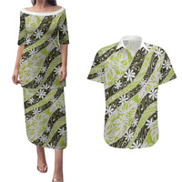 Olive Tahiti Tiare Monstera Couples Matching Puletasi and Hawaiian Shirt Polynesian Pattern Curve Style - Polynesian Pride