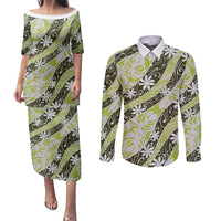 Olive Tahiti Tiare Monstera Couples Matching Puletasi and Long Sleeve Button Shirt Polynesian Pattern Curve Style - Polynesian Pride