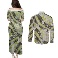 Olive Tahiti Tiare Monstera Couples Matching Puletasi and Long Sleeve Button Shirt Polynesian Pattern Curve Style - Polynesian Pride
