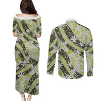 Olive Tahiti Tiare Monstera Couples Matching Puletasi and Long Sleeve Button Shirt Polynesian Pattern Curve Style - Polynesian Pride