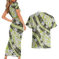 Olive Tahiti Tiare Monstera Couples Matching Short Sleeve Bodycon Dress and Hawaiian Shirt Polynesian Pattern Curve Style - Polynesian Pride