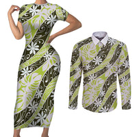 Olive Tahiti Tiare Monstera Couples Matching Short Sleeve Bodycon Dress and Long Sleeve Button Shirt Polynesian Pattern Curve Style - Polynesian Pride