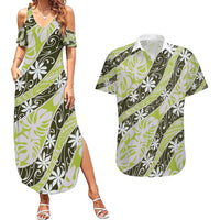 Olive Tahiti Tiare Monstera Couples Matching Summer Maxi Dress and Hawaiian Shirt Polynesian Pattern Curve Style LT01 Olive - Polynesian Pride