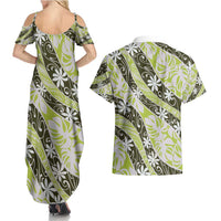 Olive Tahiti Tiare Monstera Couples Matching Summer Maxi Dress and Hawaiian Shirt Polynesian Pattern Curve Style LT01 - Polynesian Pride