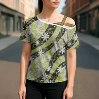 Olive Tahiti Tiare Monstera Cross Shoulder Shirt Polynesian Pattern Curve Style - Polynesian Pride