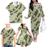 Olive Tahiti Tiare Monstera Family Matching Off The Shoulder Long Sleeve Dress and Hawaiian Shirt Polynesian Pattern Curve Style - Polynesian Pride