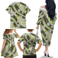 Olive Tahiti Tiare Monstera Family Matching Off The Shoulder Long Sleeve Dress and Hawaiian Shirt Polynesian Pattern Curve Style - Polynesian Pride