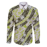 Olive Tahiti Tiare Monstera Family Matching Off The Shoulder Long Sleeve Dress and Hawaiian Shirt Polynesian Pattern Curve Style - Polynesian Pride