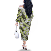 Olive Tahiti Tiare Monstera Family Matching Off The Shoulder Long Sleeve Dress and Hawaiian Shirt Polynesian Pattern Curve Style - Polynesian Pride