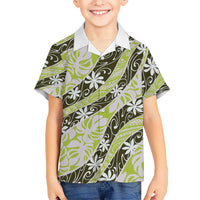 Olive Tahiti Tiare Monstera Family Matching Off The Shoulder Long Sleeve Dress and Hawaiian Shirt Polynesian Pattern Curve Style - Polynesian Pride