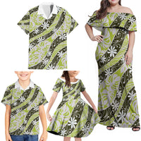 Olive Tahiti Tiare Monstera Family Matching Off Shoulder Maxi Dress and Hawaiian Shirt Polynesian Pattern Curve Style - Polynesian Pride
