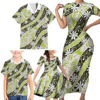 Olive Tahiti Tiare Monstera Family Matching Short Sleeve Bodycon Dress and Hawaiian Shirt Polynesian Pattern Curve Style - Polynesian Pride