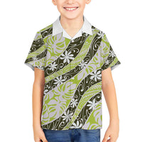 Olive Tahiti Tiare Monstera Kid Hawaiian Shirt Polynesian Pattern Curve Style - Polynesian Pride
