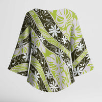 Olive Tahiti Tiare Monstera Kimono Sleeve Blouse Polynesian Pattern Curve Style - Polynesian Pride