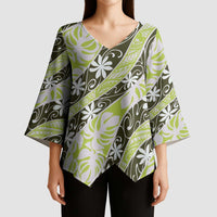 Olive Tahiti Tiare Monstera Kimono Sleeve Blouse Polynesian Pattern Curve Style - Polynesian Pride