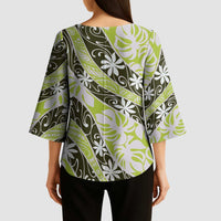 Olive Tahiti Tiare Monstera Kimono Sleeve Blouse Polynesian Pattern Curve Style - Polynesian Pride