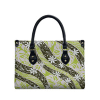 Olive Tahiti Tiare Monstera Leather Bag Polynesian Pattern Curve Style - Polynesian Pride
