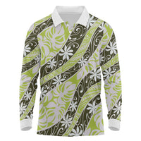 Olive Tahiti Tiare Monstera Long Sleeve Polo Shirt Polynesian Pattern Curve Style - Polynesian Pride