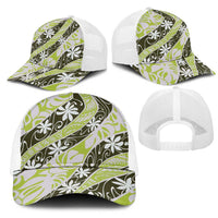 Olive Tahiti Tiare Monstera Mesh Trucker Cap Polynesian Pattern Curve Style - Polynesian Pride