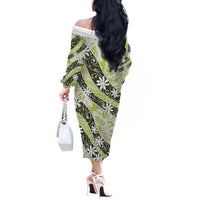 Olive Tahiti Tiare Monstera Off The Shoulder Long Sleeve Dress Polynesian Pattern Curve Style - Polynesian Pride